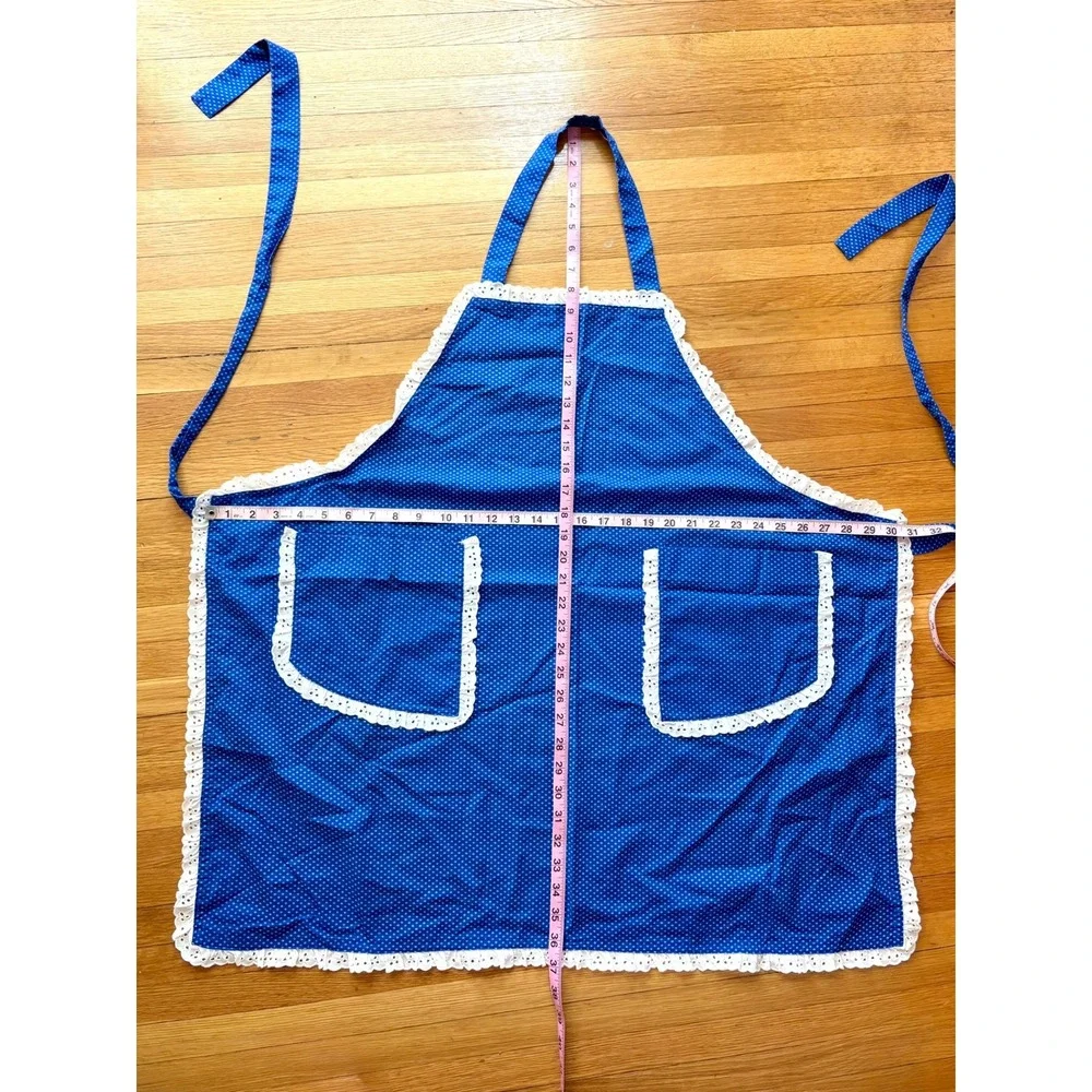 Handmade Blue Diamond Eyelet Lace Trim Bib Apron Pockets Retro Cottage 50s Style